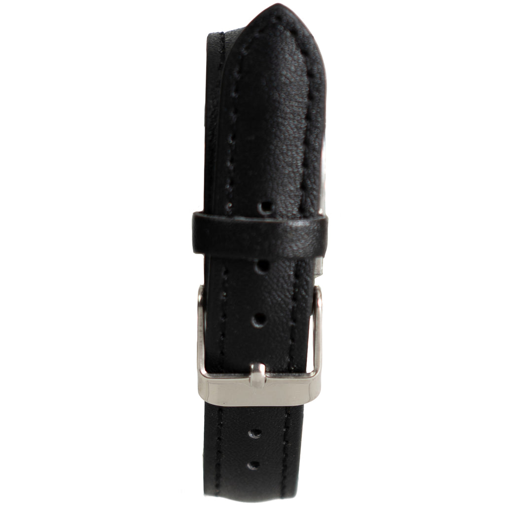 Detail view of the black textured leather strap and polished metal pin buckle on the vintage-style naval watch.