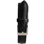Detail view of the black textured leather strap and polished metal pin buckle on the vintage-style naval watch.