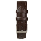 Detail view of the dark brown leather watch strap featuring a silver pin buckle and stitching, designed for the Pakistani Airman timepiece.