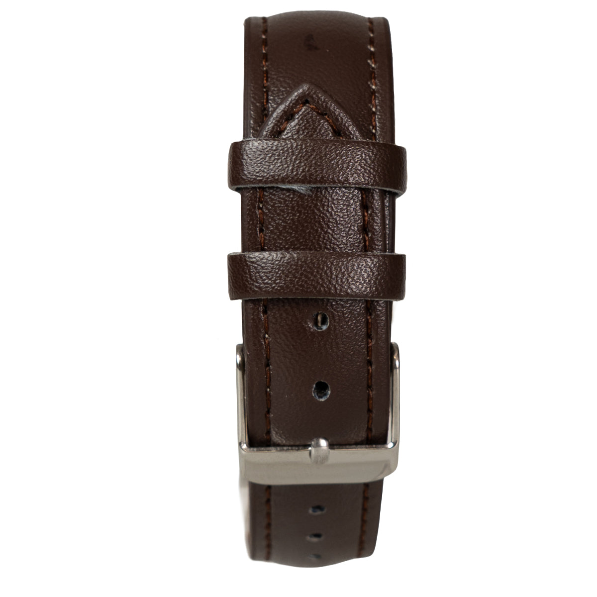 Detail view of the dark brown leather watch strap featuring a silver pin buckle and stitching, designed for the Pakistani Airman timepiece.