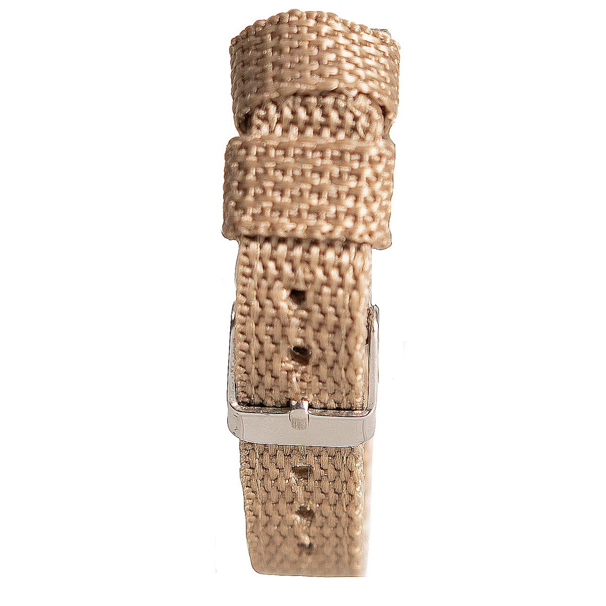 Detailed view of the adjustable brown canvas watch strap featuring a durable silver pin buckle, designed for field-ready comfort.