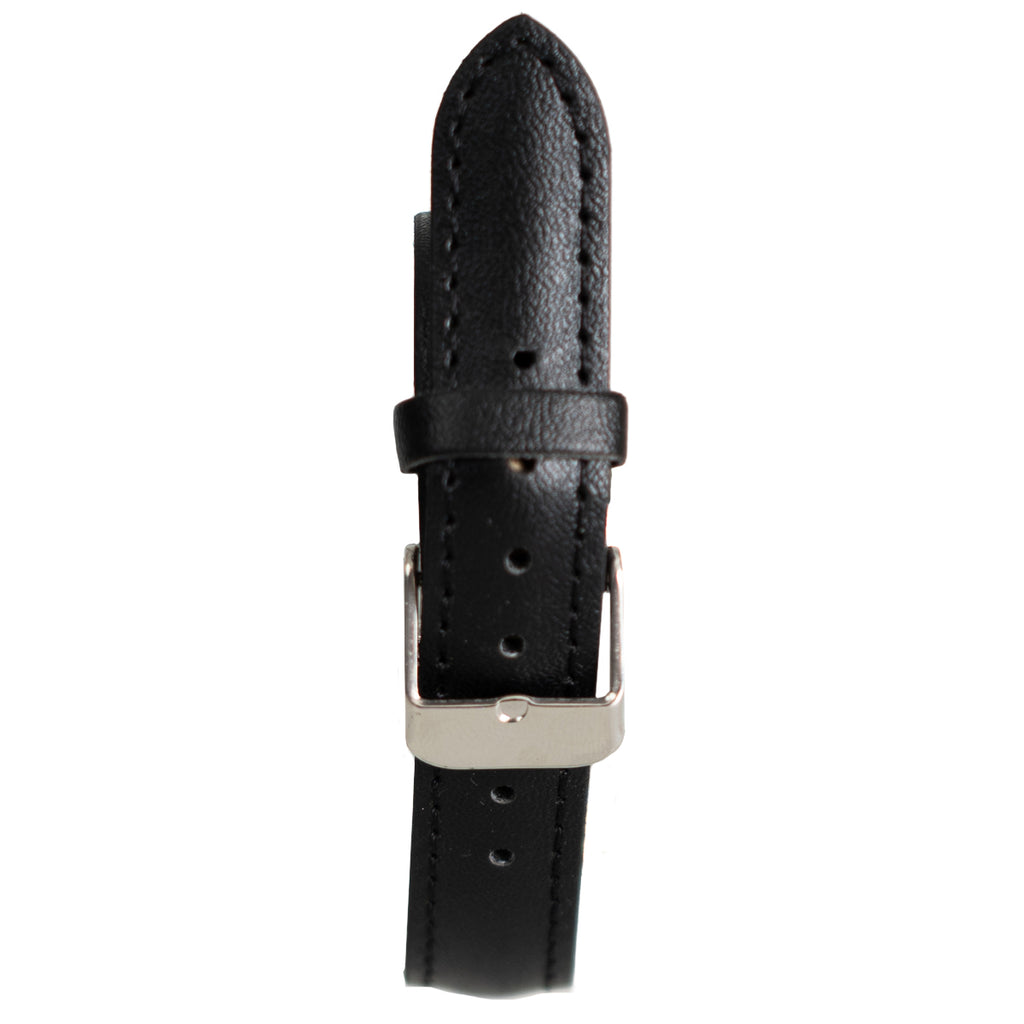 Close-up of the black leatherette watch strap with a polished silver-tone metal buckle.