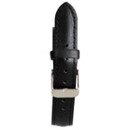Close-up of the black leatherette watch strap with a polished silver-tone metal buckle.