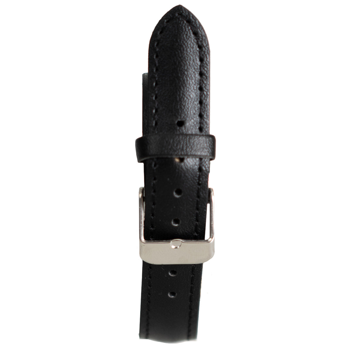 Close-up of the black leatherette watch strap with a polished silver-tone metal buckle.