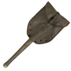 Top view of the Austrian Army entrenching tool inside its green PVC Spatentasche cover, showing the secure strap closure.