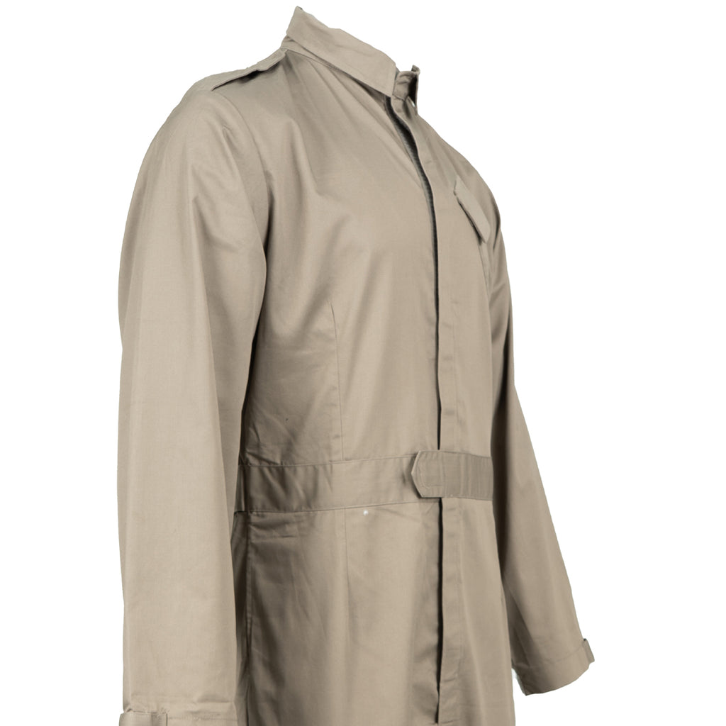 Three-quarter profile view of the stone-colored RAF coveralls, highlighting the shirt-weight twill fabric and collar.