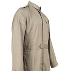 Three-quarter profile view of the stone-colored RAF coveralls, highlighting the shirt-weight twill fabric and collar.
