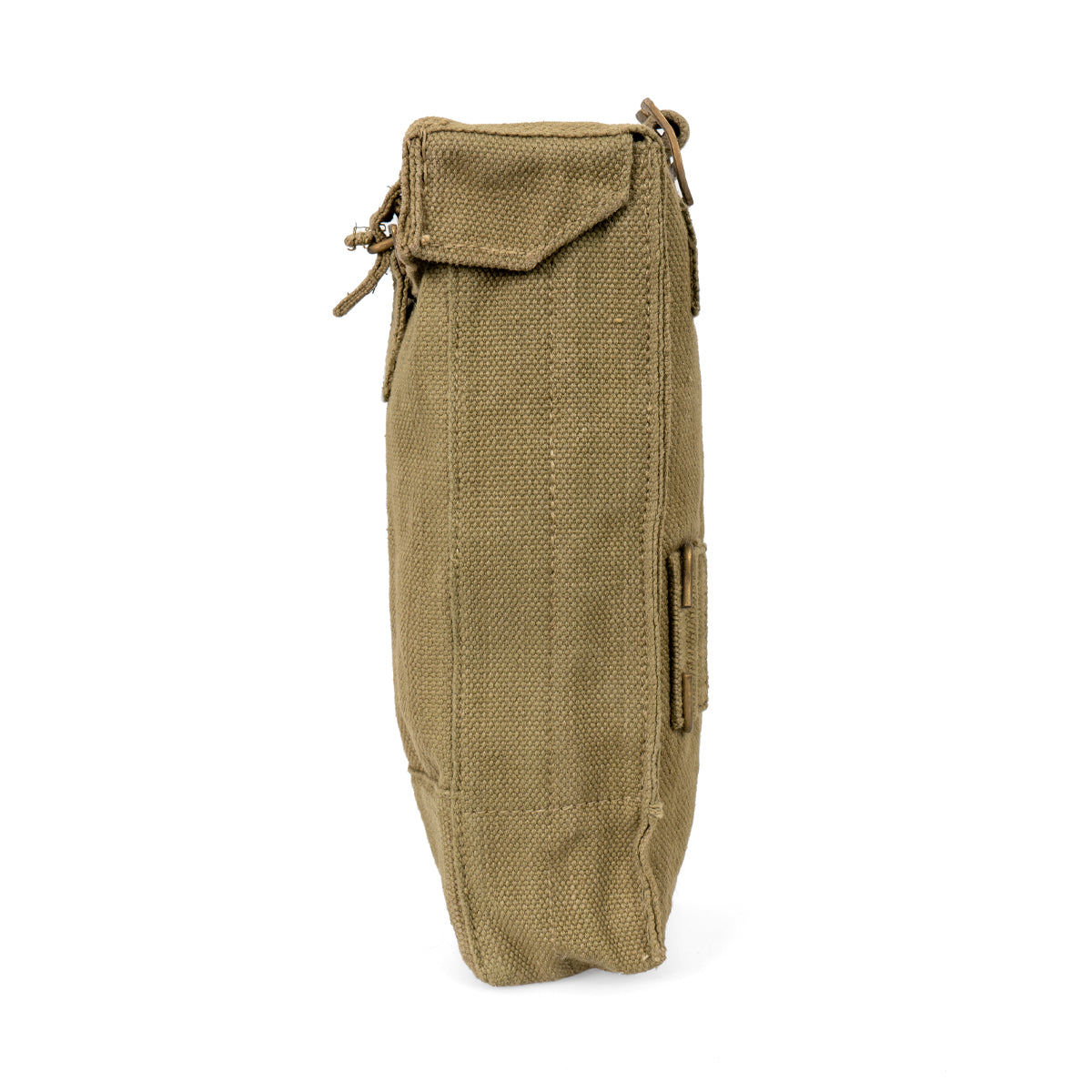 Side profile of a used Belgian Army canvas magazine pouch showing the durable construction and integrated side loops.