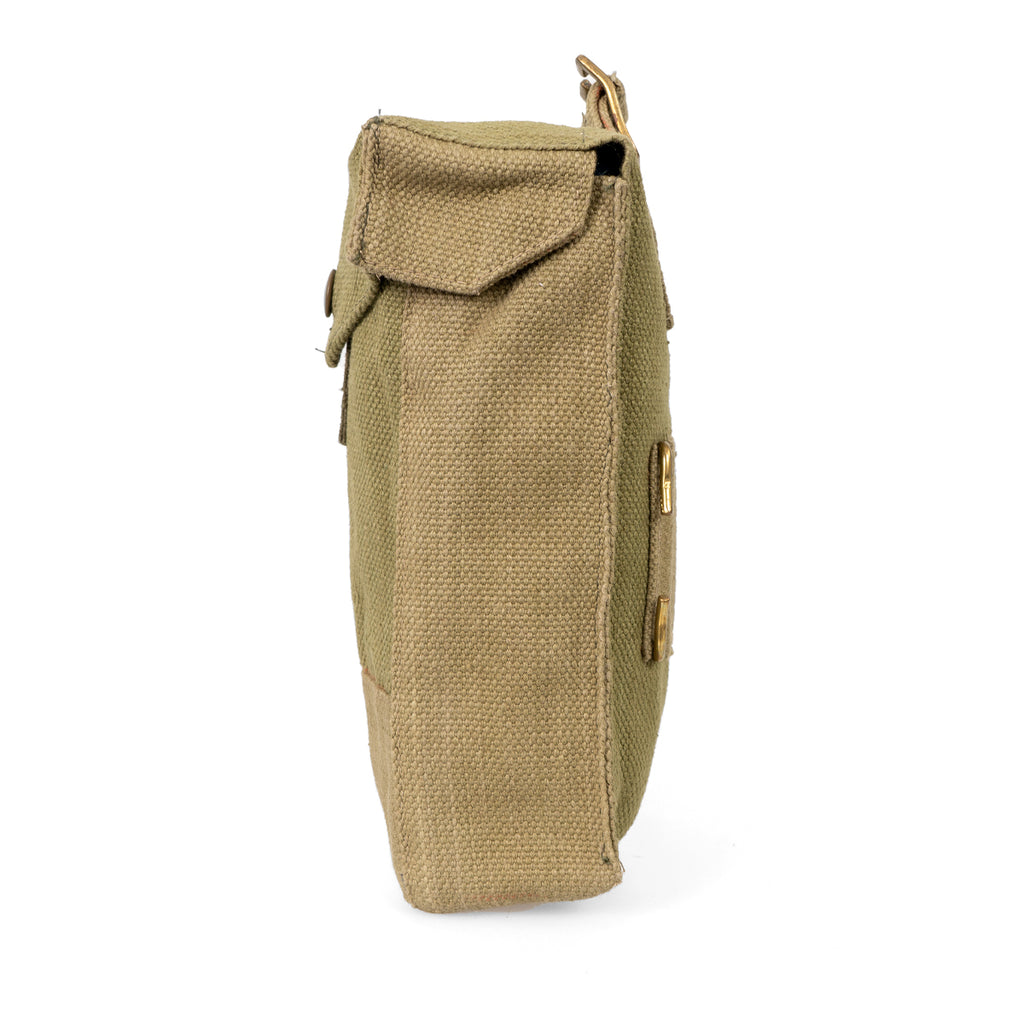 Side profile of the Belgian Army magazine pouch showing robust cotton canvas construction and brass hardware.