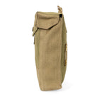 Side profile of the Belgian Army magazine pouch showing robust cotton canvas construction and brass hardware.