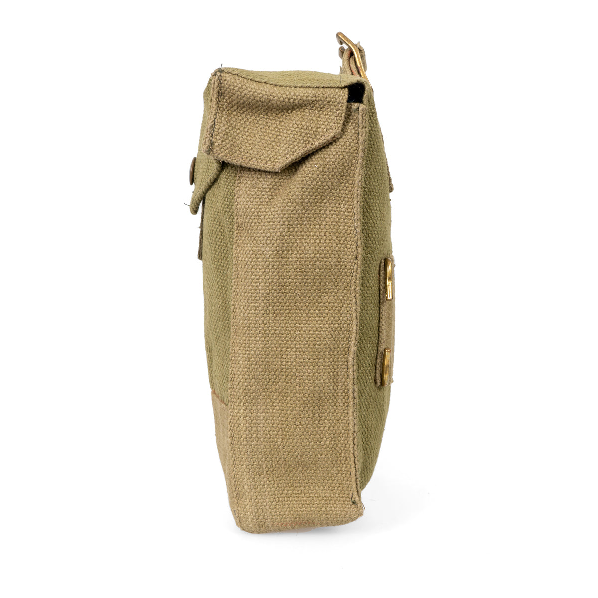 Side profile of the Belgian Army magazine pouch showing robust cotton canvas construction and brass hardware.