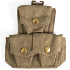 Front view of Italian 37 Pattern webbing pouch showing the canvas texture and three brass-buttoned ammo pockets for reenactors.