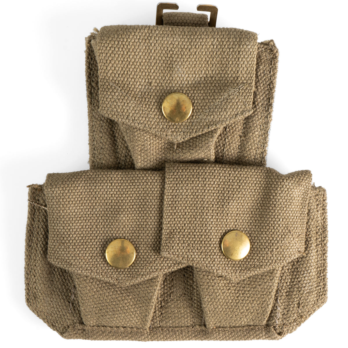 Front view of Italian 37 Pattern webbing pouch showing the canvas texture and three brass-buttoned ammo pockets for reenactors.