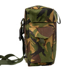 Side angle of the unissued British military haversack with an adjustable shoulder strap and side-release buckle.