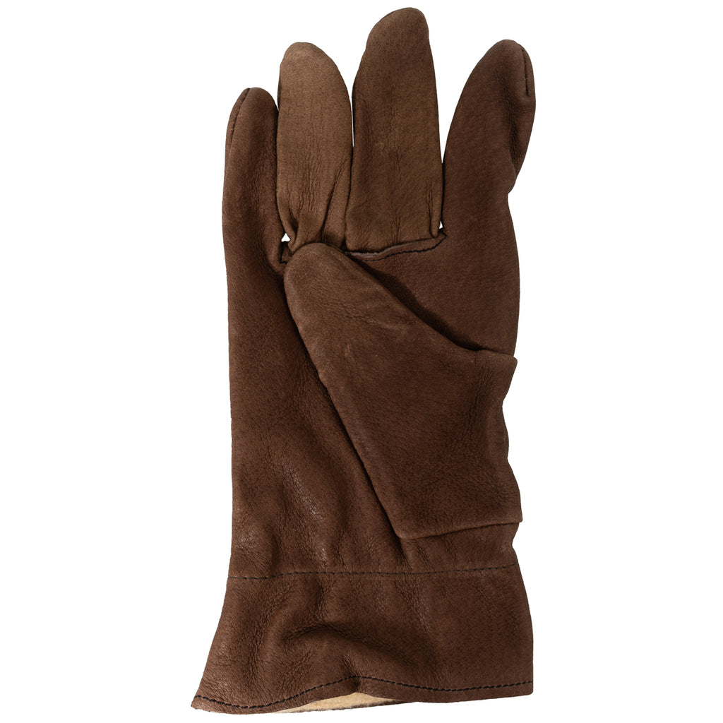 Single brown leather military surplus glove for women, displaying the tailored cut and reinforced thumb design.