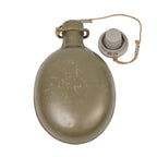 Single Czech M60 aluminium military water bottle in olive drab with a tethered grey plastic cap.