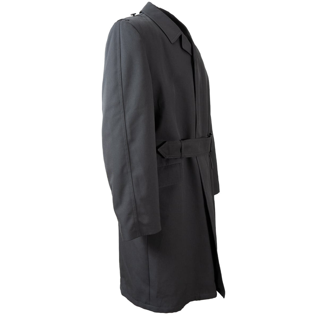 Side profile of the grey German Army trench coat, highlighting the authentic military design and waist belt fit.