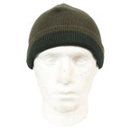 Austrian Army wool beanie worn as a folded watch cap on a mannequin head, showing the olive drab knit and contrasting dark green brim.