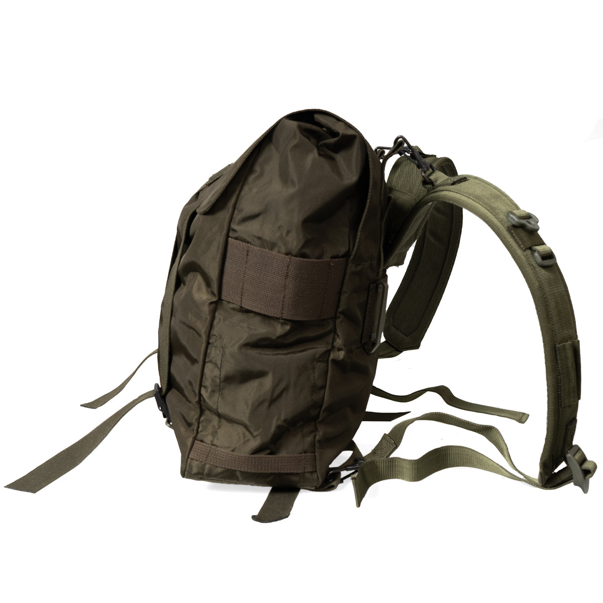 Green backpack with multiple straps on a white background