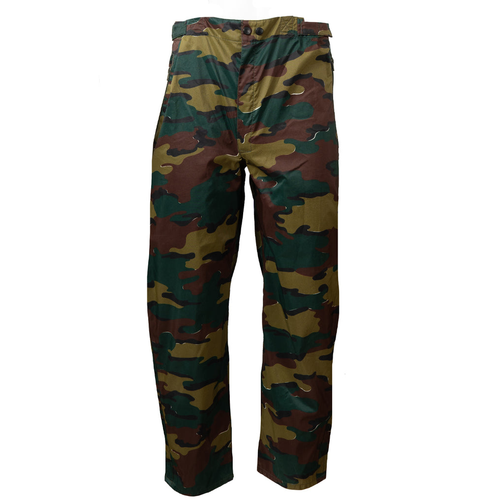 Front view of surplus Belgian Army waterproof overtrousers featuring iconic Jigsaw camouflage.