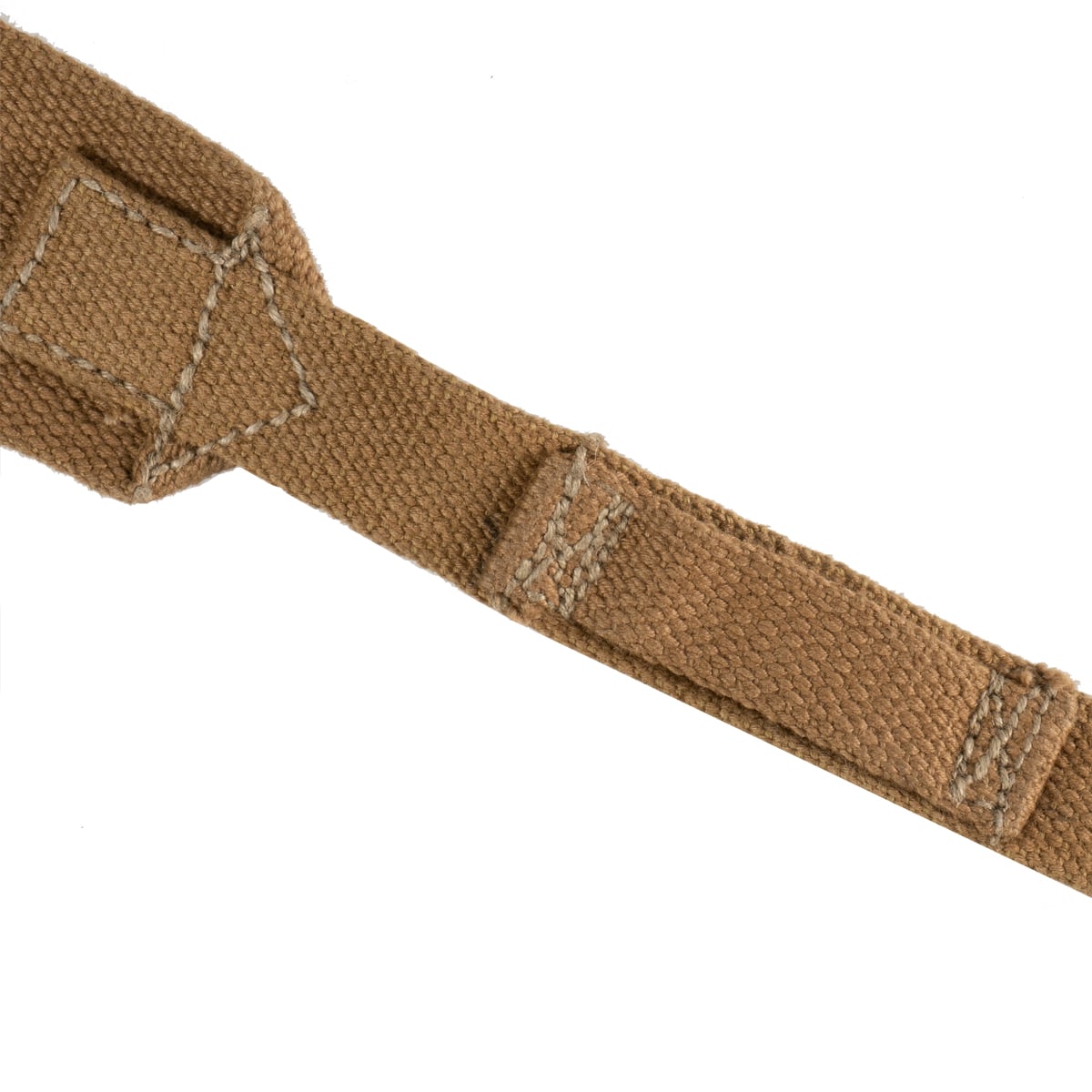 Close-up detail of the heavy-duty stitched cotton canvas construction on a British Army 37 pattern webbing strap.