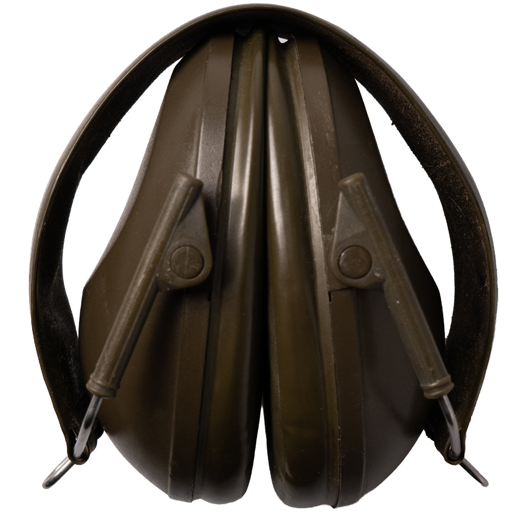 Compact folding design of original military olive green Peltor ear defenders showing the earcups tucked neatly within the headband frame.