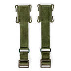 Reverse view of two original military surplus 44 Pattern webbing brace extenders, highlighting the uniform olive drab fabric.