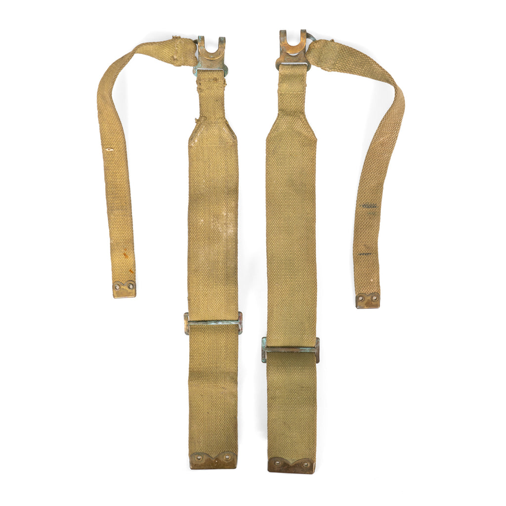 Reverse view of 37 Pattern British Army L-straps showing the durable cotton canvas webbing, metal adjustment buckles, and mounting hooks.