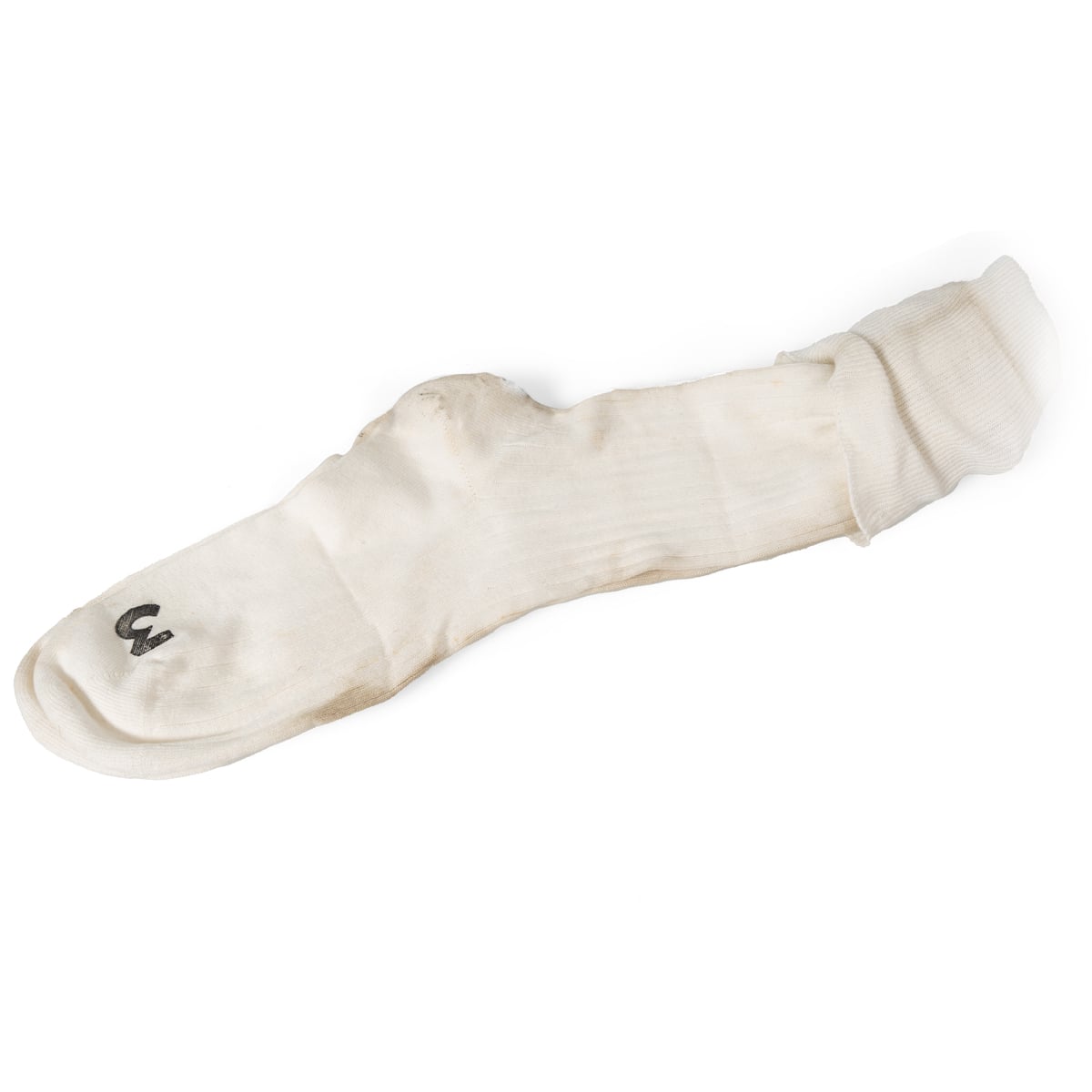 Side profile of a single genuine British Navy knee high wool blend sock in off-white with a black numeral 3 marking.