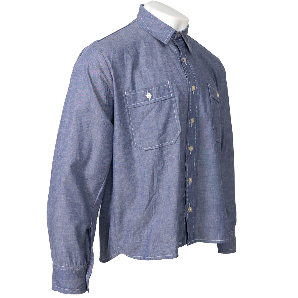 Angled view of the authentic Bundesmarine German Navy dungaree shirt showcasing its durable cotton fabric, collar, and classic nautical workwear design.