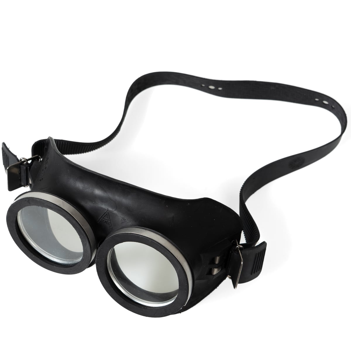 Vintage German Army surplus goggles featuring a durable rubberised frame, clear lenses, and head strap from a high-angle perspective.