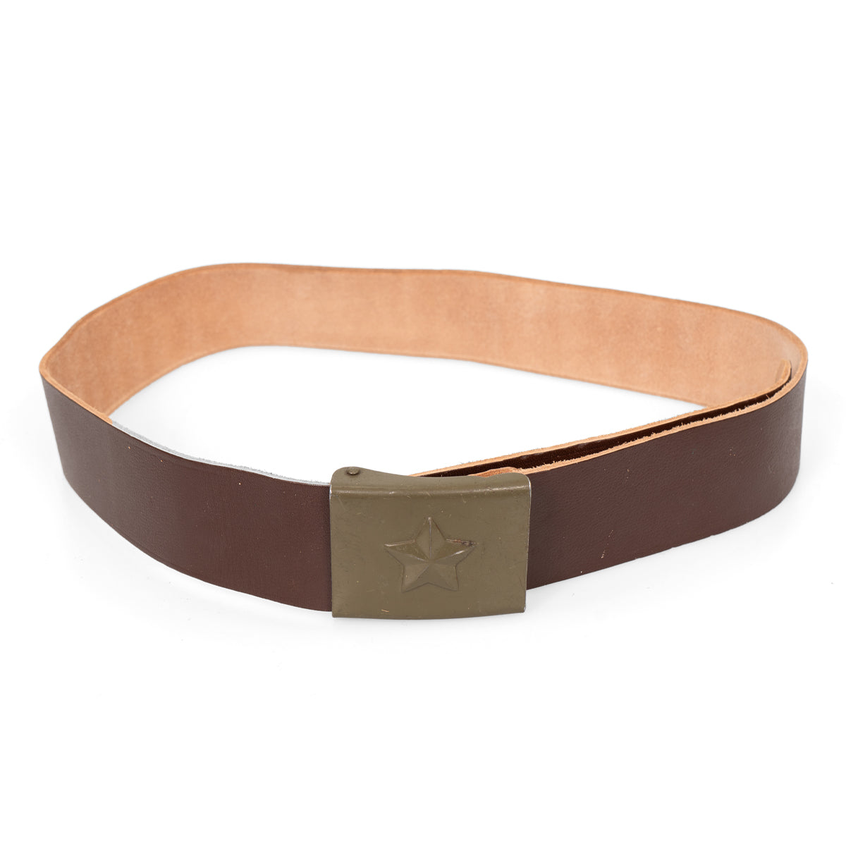 Durable brown Czech Army leather belt with olive-drab metal buckle featuring a raised star, displayed in a loop.