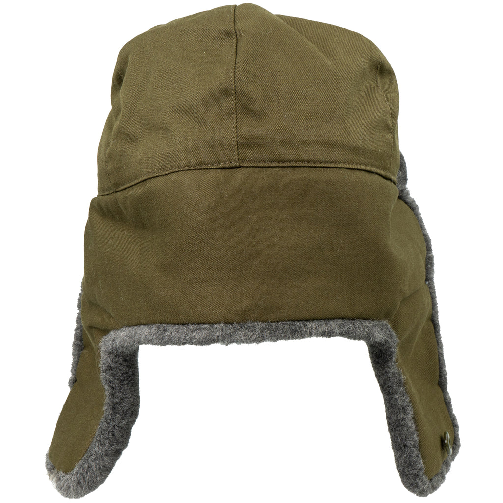 Rear view of the vintage Czech Army Ushanka with its olive green cotton-blend crown and grey faux fur ear flaps extended.