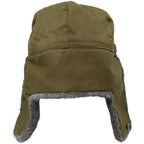 Rear view of the vintage Czech Army Ushanka with its olive green cotton-blend crown and grey faux fur ear flaps extended.