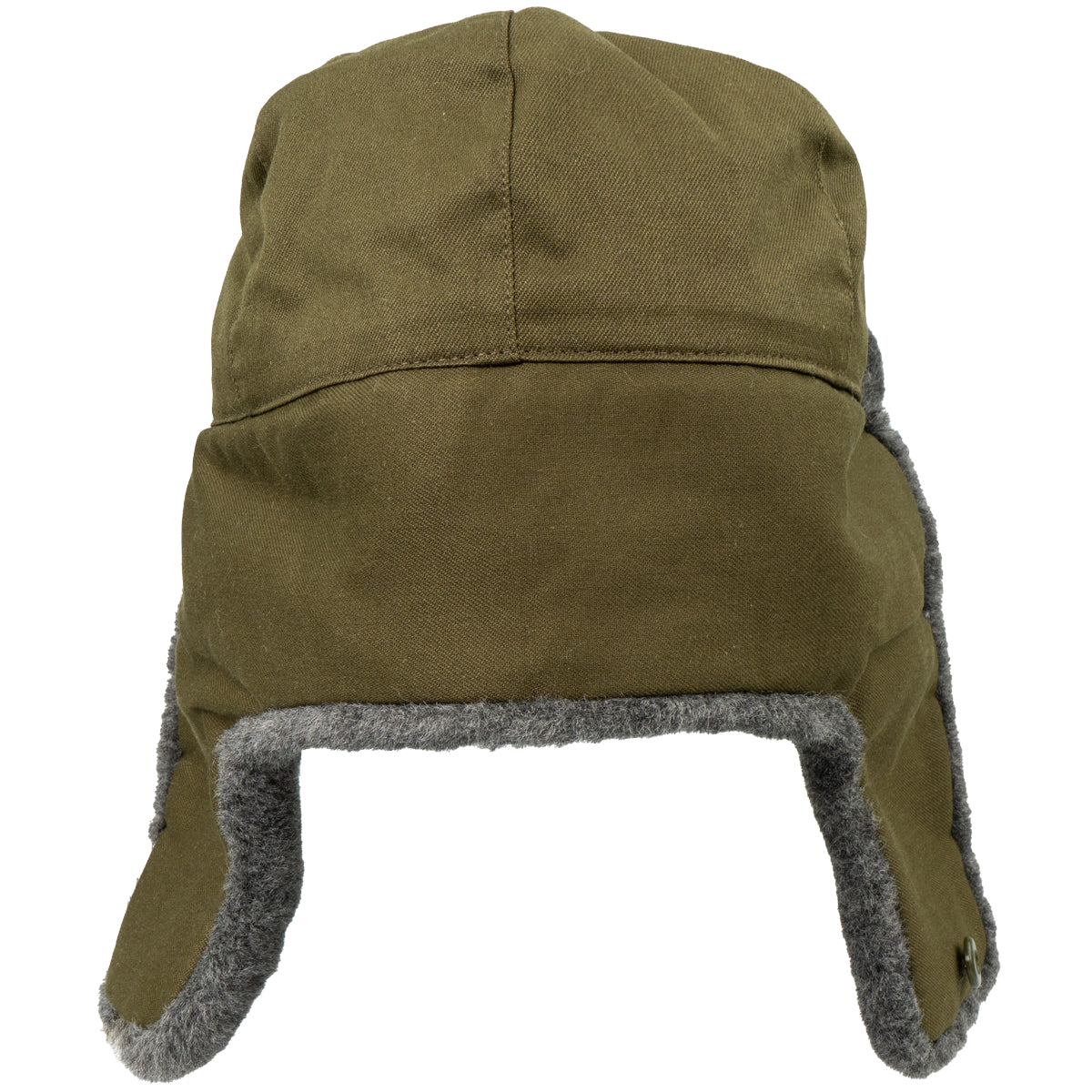 Rear view of the vintage Czech Army Ushanka with its olive green cotton-blend crown and grey faux fur ear flaps extended.