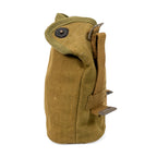 Side profile view of the Danish M45 canteen pouch, highlighting the sturdy webbing attachment straps and the secure Lift-the-Dot brass fastener on the top flap.