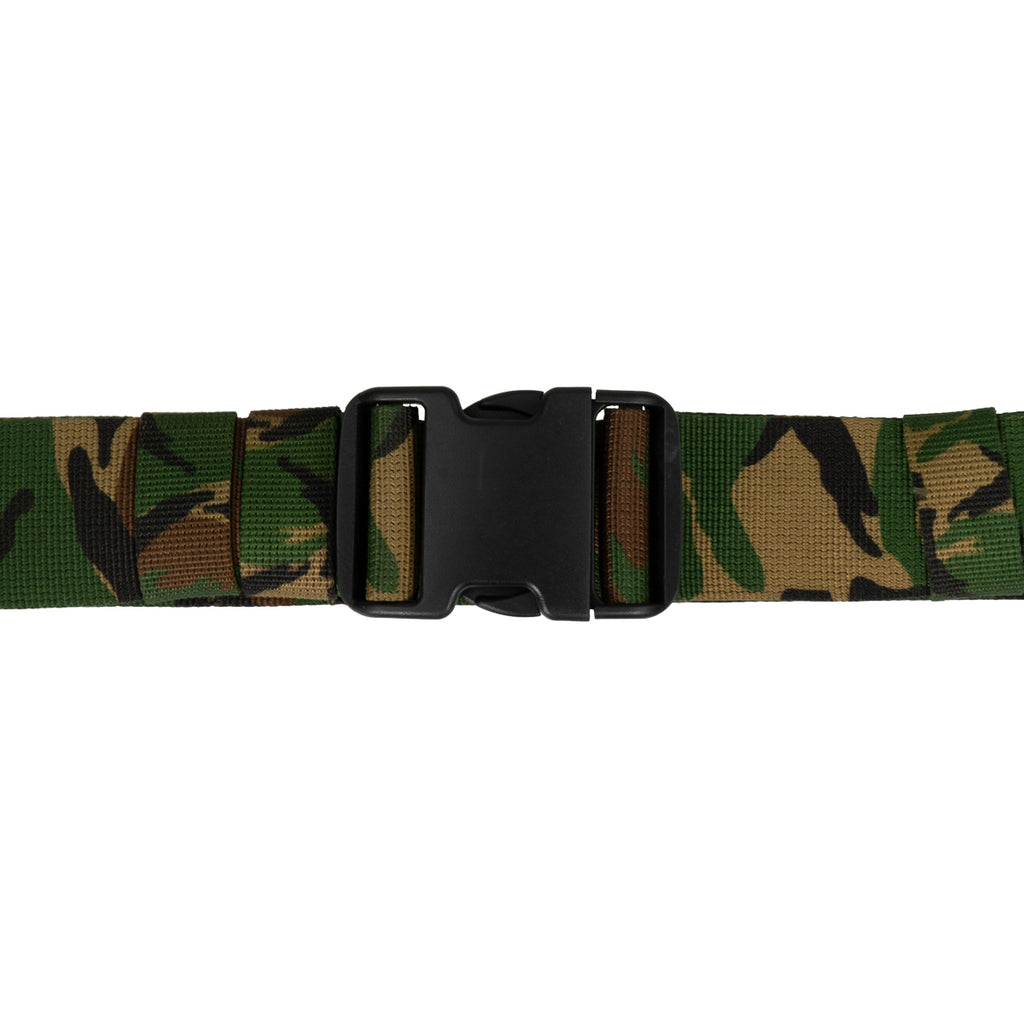 Close-up of the black plastic buckle on a durable polyester Dutch Army tactical belt in woodland camo.
