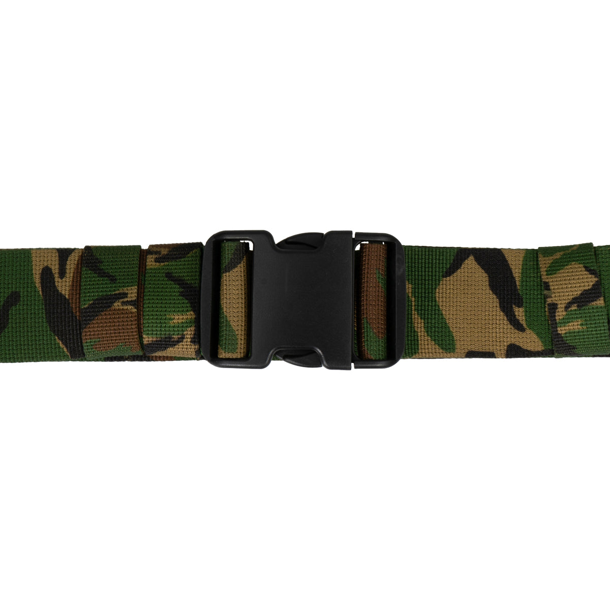 Close-up of the black plastic buckle on a durable polyester Dutch Army tactical belt in woodland camo.