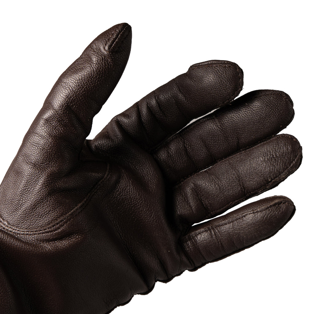 Close-up detail of the durable palm side of a genuine Dutch Army leather glove with stitching and textured finish.