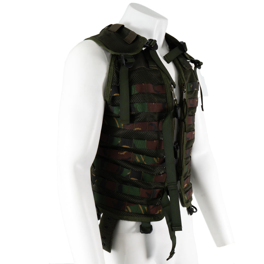 Angled view of the Dutch Army woodland camo tactical vest showing shoulder straps and webbing rows for pouch attachment.