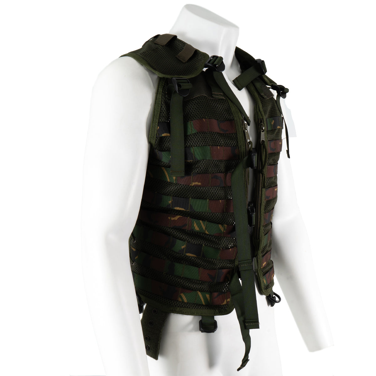Angled view of the Dutch Army woodland camo tactical vest showing shoulder straps and webbing rows for pouch attachment.
