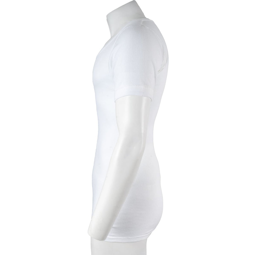 Side profile of a white German Army cotton undershirt, highlighting the fitted cut and soft, durable ribbed textile of this military surplus base layer.