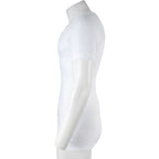 Side profile of a white German Army cotton undershirt, highlighting the fitted cut and soft, durable ribbed textile of this military surplus base layer.