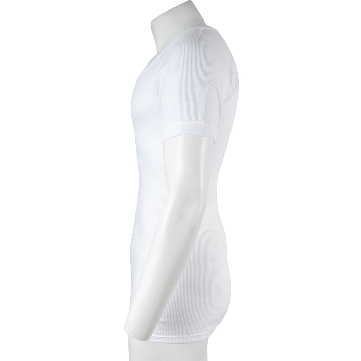 Side profile of a white German Army cotton undershirt, highlighting the fitted cut and soft, durable ribbed textile of this military surplus base layer.