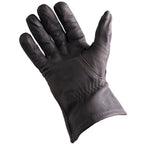 Close-up of the palm side of a German Army surplus leather glove with stitched construction and elasticated wrist.