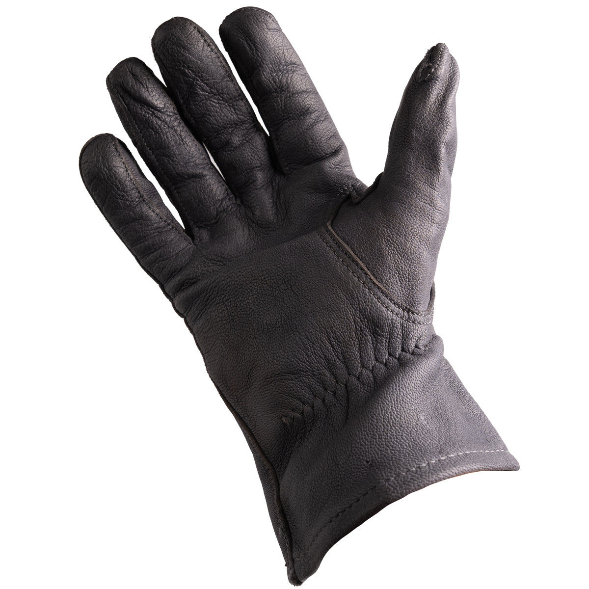 Close-up of the palm side of a German Army surplus leather glove with stitched construction and elasticated wrist.
