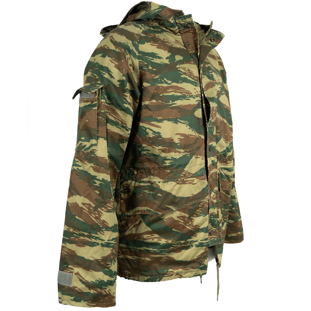 Side profile of a genuine Greek military M65 field jacket featuring iconic Lizard Camo, demonstrating the durable cotton-blend fabric.