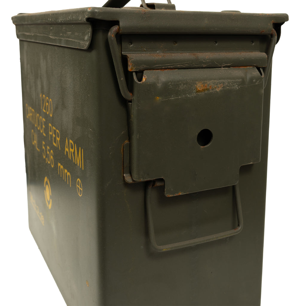 Close-up of the Italian Army ammo can showing the rugged steel construction, side metal latch, and waterproof hinge design.