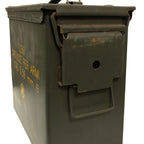 Close-up of the Italian Army ammo can showing the rugged steel construction, side metal latch, and waterproof hinge design.