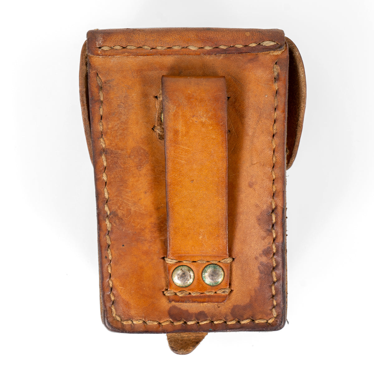 Rear view of the vintage Serbian military leather pouch showing the belt attachment strap and reinforced metal rivets.